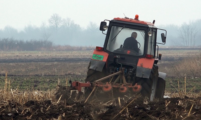Stariji poljoprivrednik ore njivu traktorom